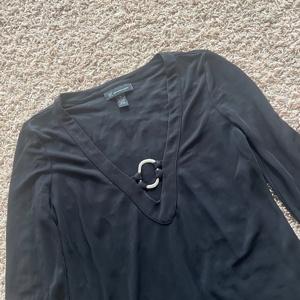 INC International Concepts Black V-Neck Tunic Top with Ring Detail Size M